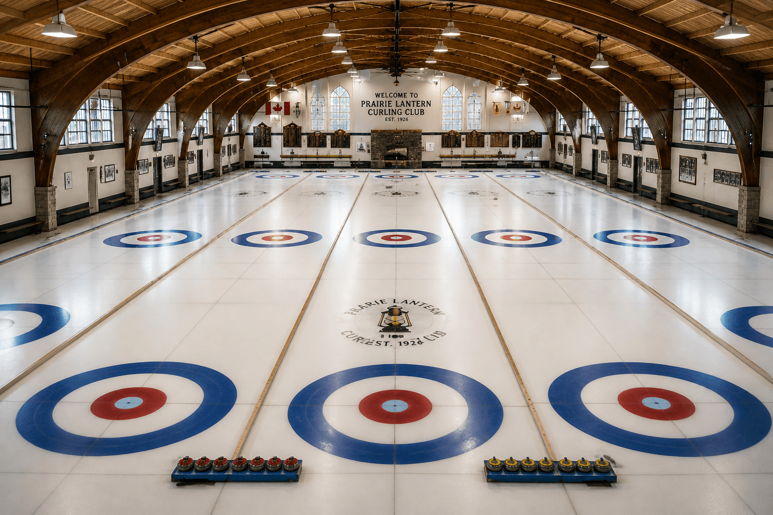 Curling sheets inside a club with CurlTracker stats and a pin collection overlay